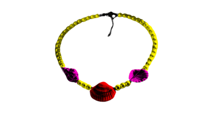 Distorted Colorful Necklace with Shell and Bead Detail on Black Background