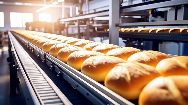 Freshly baked bread loaves move along automated conveyor belt at food factory, industrial bakery production line, warm light
