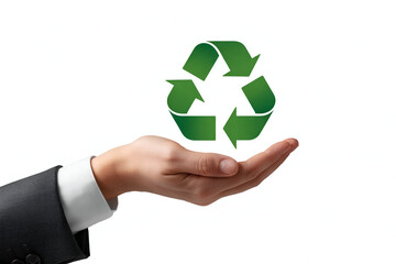 Hand in suit holding green recycling symbol on white background