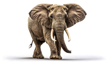 Fototapeta premium Majestic African elephant walking forward on white background with detailed texture and large tusks 