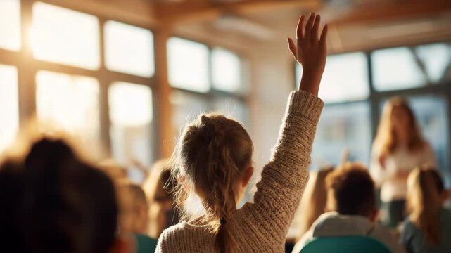 Young student raising hand to answer question in warm, sunlit classroom. Symbol of curiosity, learning, and participation zoom in video
