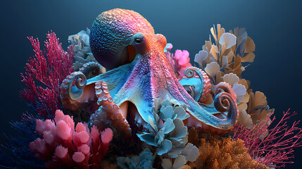 Obraz premium 3d octopus in the Deep Sea Blue underwater coral reef.