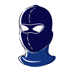 flat vector illustration of a dark blue balaclava or ski mask with eyeholes, ideal for websites or blogs about winter sports, security, or anonymity. The style is sketchy flat vector