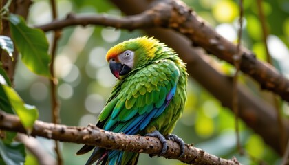 Obraz premium timeless parrot photographed in a preening pose in a canopy perch, in a classic wildlife photography style, with tropical tones, filtered light, high resolution