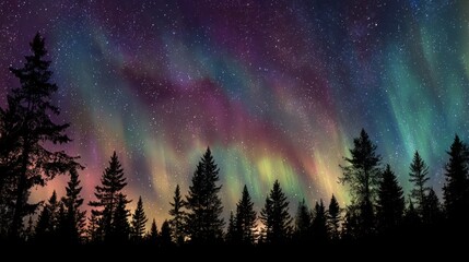 Fototapeta premium Aurora Borealis Displays Magical Lights Over Majestic Forest Scene
