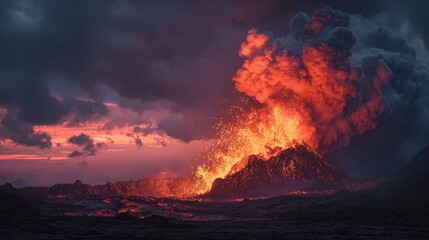 Fototapeta premium Volcanic Eruption Lava Flowing Red Hot Volcanic Activity