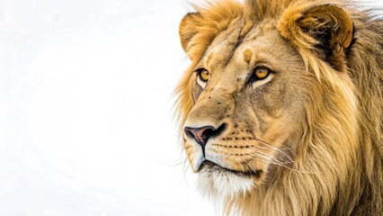 Fototapeta premium Close-up portrait of a majestic male lion with golden mane isolated on white background 
