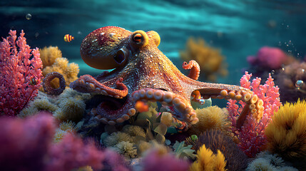 octopus in underwater coral reef Deep Sea Blue 3d rendering .