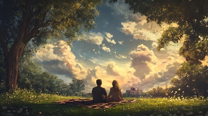 A couple sitting on a blanket in a quiet park watching the clouds drift by