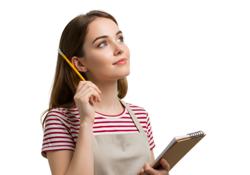 Young thoughtful professional woman with clipboard and pencil