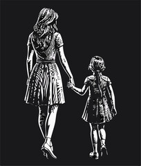Mother and Daughter Walking Away, Black and White Sketch