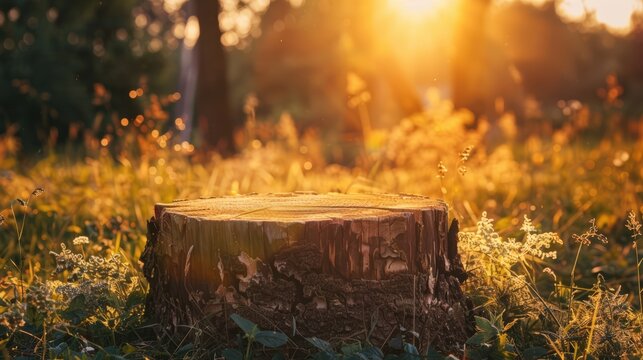Serene nature scene with tree stump in sunlit field at sunset