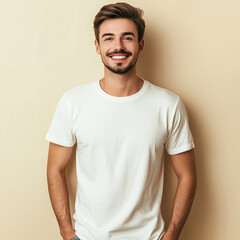 Obraz premium a woman weraing white pain big round neck short sleev top on cream background with smile