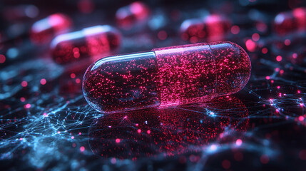 Glowing smart pill on digital surface, medical nanotechnology
