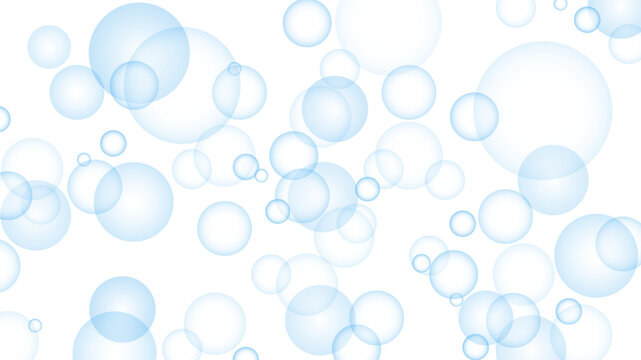 Blue bubbles on white background, empty horizontal banner. Light blue transparent circles, water or soap bubbles. Vector HD template with copy space for minimalist pure abstract design.