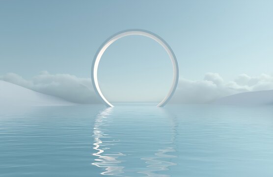 Minimalistic white arch floating symmetrically in center with light blue water and sky background, clean 3D rendered composition - Powered by Adobe