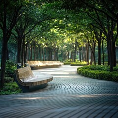 Serene park path with curved wooden benches under leafy trees