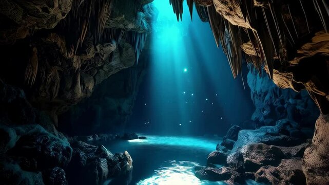 Mysterious cavern with stalactites, rocks and glowing turquoise water creating a scene of natural wonder and tranquility.