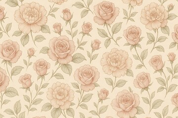 Obraz premium Elegant floral repeat pattern features blush roses and leaves on a light beige background