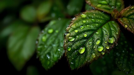 Raindrops falling on green leaf with detailed surface texture and vibrant natural tones