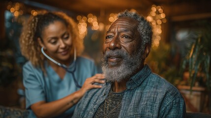 Professional Black nurse in light blue scrubs checking elderly Black man's vital signs in a cozy home setting with soft focus background for healthcare and senior care themes