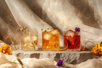 Elegant minimalist still life featuring tea based cocktails in triangular glasses on stone slabs with floral garnishes