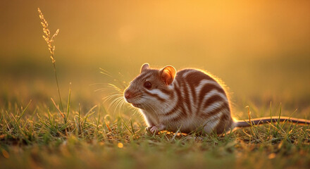 Obraz premium Striped Grass Mouse at Sunrise in the Green Meadow