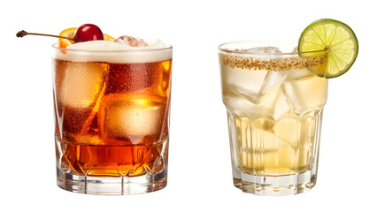 A bundle of Amaretto sour and Pisco sour cocktail PNGs, featuring a transparent isolated background. Great for mixology and bar menus, these vibrant, refreshing drinks are garnished to perfection.