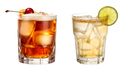 A bundle of Amaretto sour and Pisco sour cocktail PNGs, featuring a transparent isolated background. Great for mixology and bar menus, these vibrant, refreshing drinks are garnished to perfection.