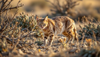 timeless caracal photographed in a stalking pose in a thorny scrub, in a classic wildlife photography style, with warm gray tones, afternoon light, high resolution