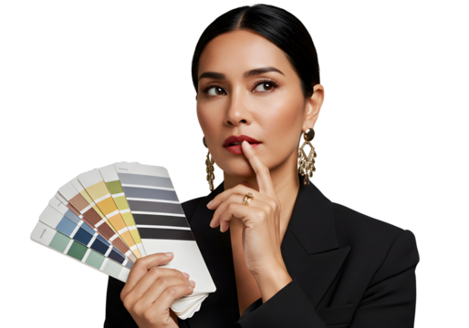 Stylish woman with color swatches choosing tone