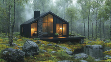 Cozy cabin in misty forest with pond, serene escape
