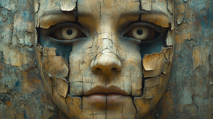 Cracked wood face, white eyes, dark makeup, close-up, mystical background