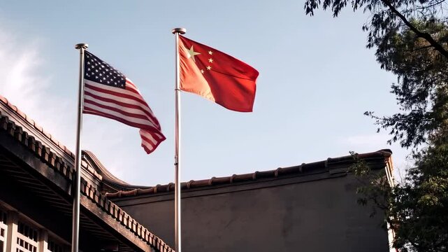 US and China Flags Waving Together in the Wind