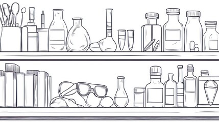 Two shelves filled with various items, including glassware, bottles, and books.  Sketch-style illustration