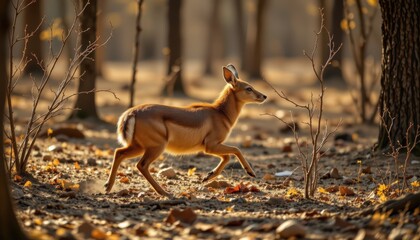 timeless dhole photographed in a running pose in a dry forest, in a classic wildlife photography style, with russet tones, golden light, high resolution