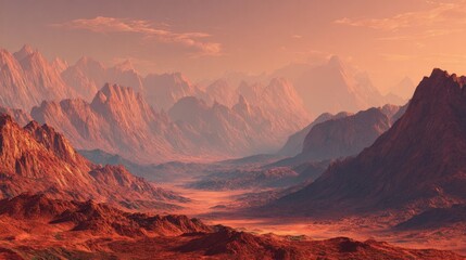 Naklejka premium Mystical Desert Landscape with Towering Mountains in Warm Sunlight