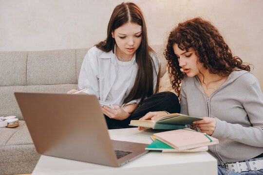 Teenage girls studying together with laptop and books at home