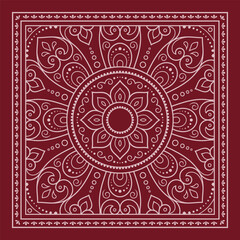 Circular pattern in form of mandala with flower for Henna, Mehndi, decoration. Red decorative ornament in ethnic oriental style for a bandana. Outline doodle hand draw vector illustration.