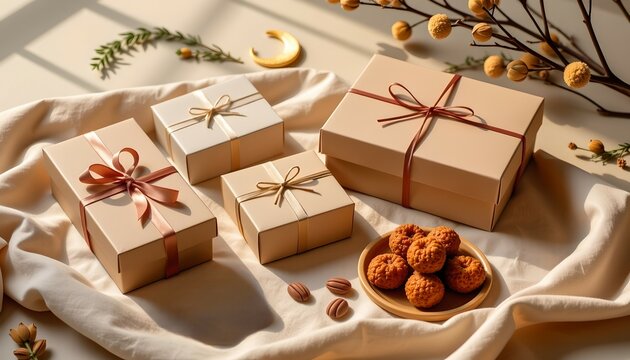 Eid gift boxes are arranged on beige linen with a variety of sweets including crescent moons, dried flowers, mamool, nuget, nuts and chocolates in warm tones in a minimalist style.