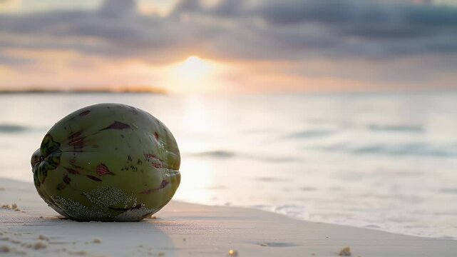 Coconut on a beach at sunrise