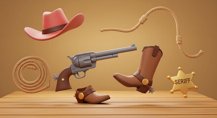 3D Render of Classic Western Cowboy Items Hat, Boots, Gun, Lasso, Sheriff Badge