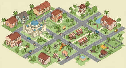 Isometric Illustration of a Peaceful Suburban Neighborhood with Mosque, Parks, and Homes