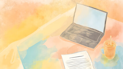 Obraz premium Creative workspace with a laptop, iced drink, and papers in a watercolor style