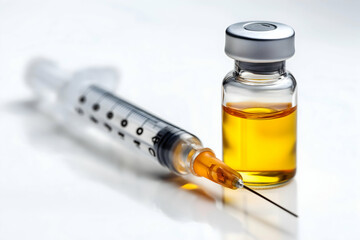 A syringe filled with yellow liquid lies beside a vial containing a similar fluid on a reflective surface.