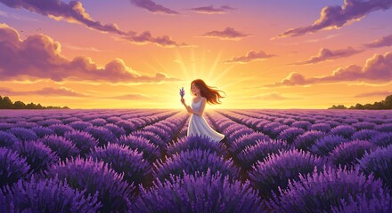 Serene Sunset Woman in Lavender Field at Golden Hour