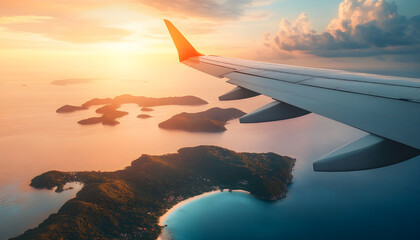 Airplane wing flying plane jet over tropical islands in ocean, view from window at sunset in summer