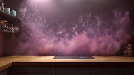Dynamic kitchen background with table with smoke particles