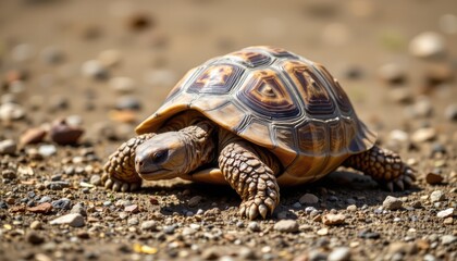 Obraz premium timeless tortoise photographed in a crawling pose in a dry patch, in a classic wildlife photography style, with earth tones, direct light, high resolution