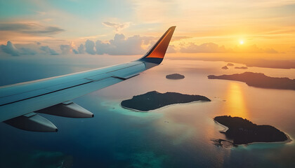 Obraz premium Airplane wing flying plane jet over tropical islands in ocean, view from window at sunset in summer